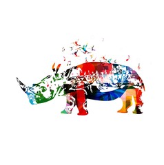 Colorful vector rhino background with hummingbirds