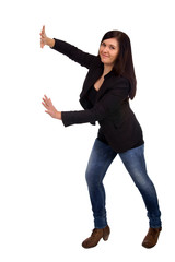 Business woman pushing something