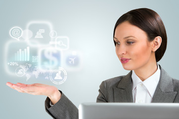 Technology concept. Businesswoman and virtual interface with web