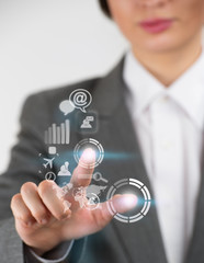 Technology concept. Businesswoman and virtual interface with web