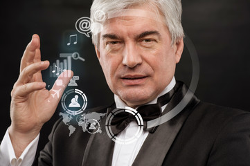 Technology concept. Businessman and virtual interface with web a