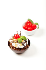 Dessert. Sundae Mousse Brownie Cup with cherry