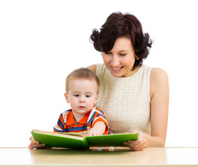 happy mother reading a book baby boy