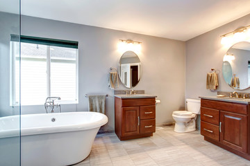 Obraz na płótnie Canvas Beautiful grey new luxury modern bathroom interior.