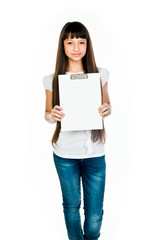young and beautiful girl with a blank sheet of white