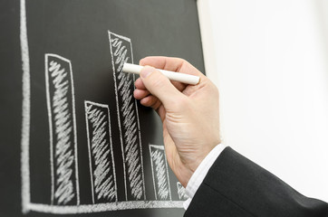 Side view of a businessman's hand drawing business graph