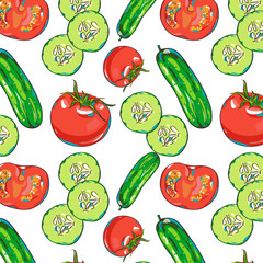 Vector seamless pattern with tomato, cucumber