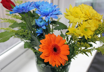 mixed bunch of flowers in the window