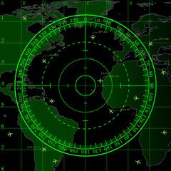 Green radar screen over map of the world, vector