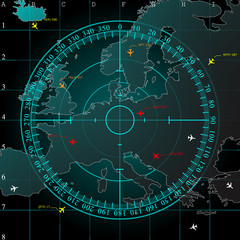 Blue radar screen over map of Europe territory, vector