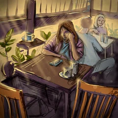 Papier Peint photo Lavable Café de rue dessiné Jeune femme dans un café. Illustration numérique