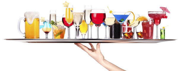 different alcohol drinks on a tray