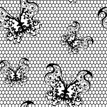 Black lace seamless vector - lacy fabric pattern with butterfly