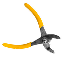 open yellow pliers isolated on white background clipping path