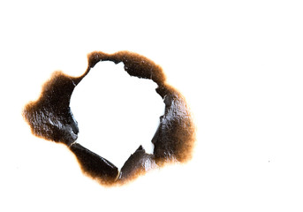 burned hole on a white paper background