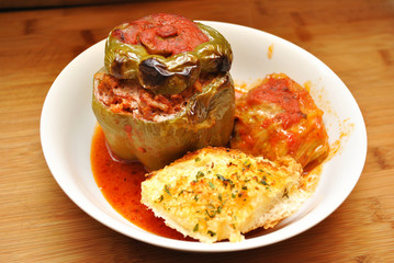 Stuffed Green Pepper, Stuffed Cabbage and Garlic Bread Served