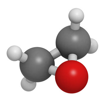 Ethylene oxide (oxirane), molecular model. Ethylene is the simpl
