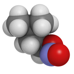 Isoamyl nitrite (alkyl nitrite, popper), molecular model.