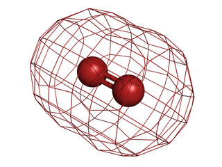 Elemental oxygen (O2), molecular model.