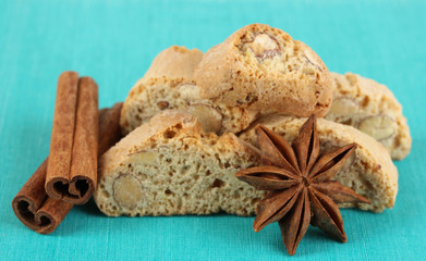 Aromatic cookies cantuccini on blue table