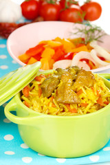 Delicious pilaf with vegetables close up