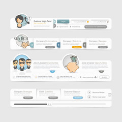 Website template design menu navigation elements with icons set.
