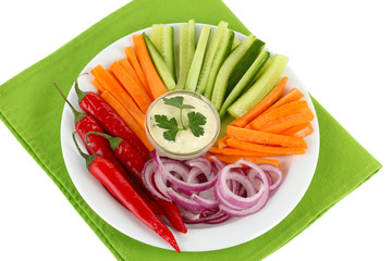 Assorted raw vegetables sticks in plate isolated on white