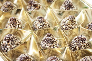 Chocolate candies in a box.