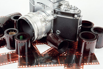 analog vintage SLR camera and color negative films