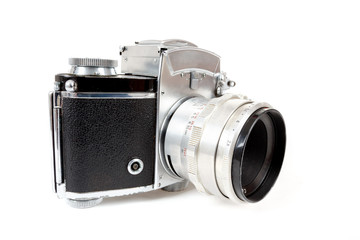 retro old vintage analog photo camera on white