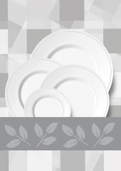 Grey checkered background with plates and ribbon