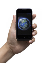 Hand hold mobile Cell phone with world Planet earth on screen