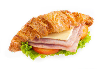 croissant ham cheese on white background