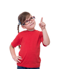 little girl wearing glasses and pointing by forefinger to somewh © raysay