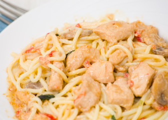 chicken breast with vegetables and mushrooms with pasta