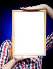 Woman with empty frame, copyspace