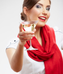 Young happy woman with glass.