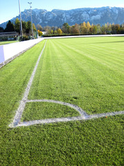 Soccer football field stadium grass, white line, light shadow on