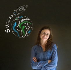 Business woman and chalk success rocket