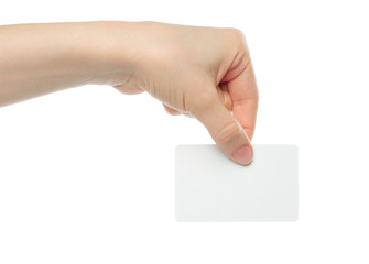 Hand holds business card on white background .