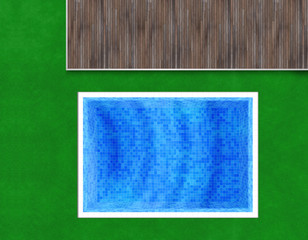 Rasen mit Terrasse und Swimmingpool