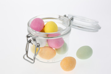 Colorful Chocolate Eggs in Glass Jar