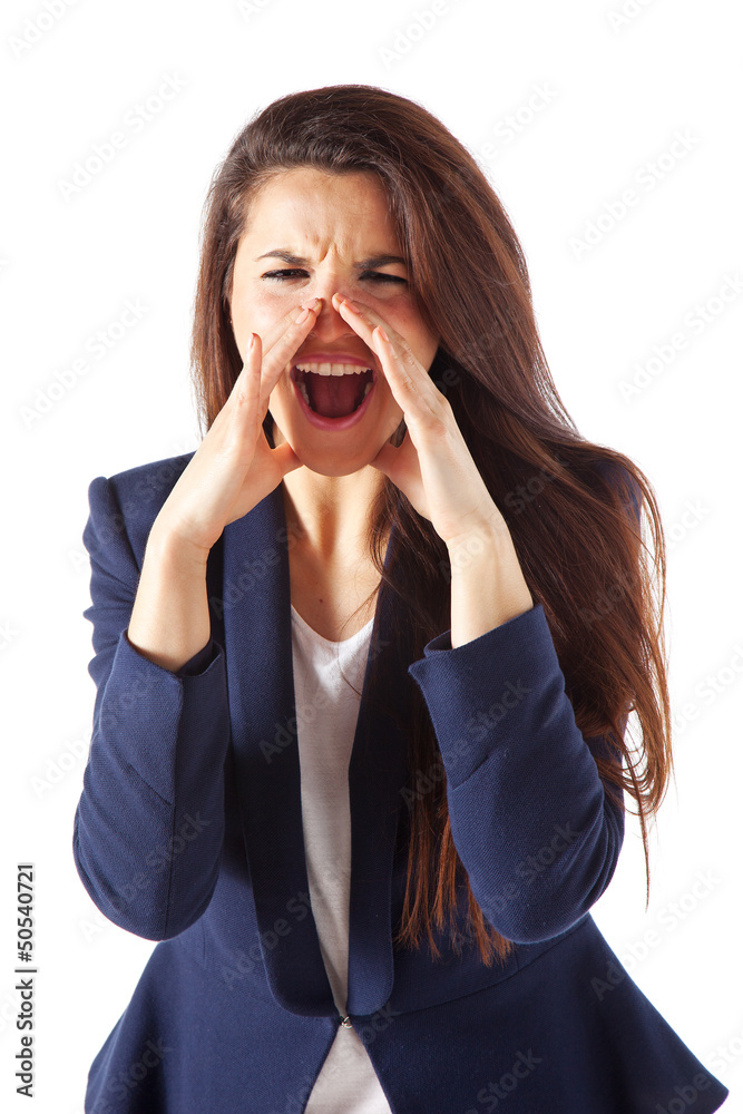 Wall mural Screaming young businesswoman isolated on white