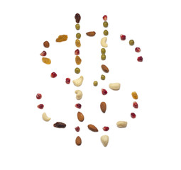 Dollar sign made as a fruit, nut and vegetable lay out