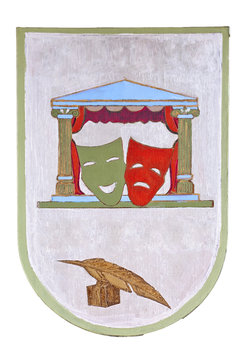 Escudo con m&aacute;scaras de teatro del concepto, aislar
