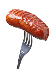 Grilled smoked sausage on a fork