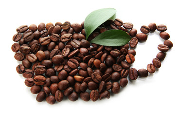 Coffee beans with leaves isolated on white