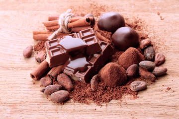 Composition of chocolate sweets, cocoa and  spices