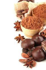 Composition of chocolate sweets, cocoa and spices, isolated