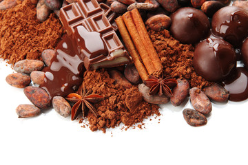 Composition of chocolate sweets, cocoa and spices, isolated
